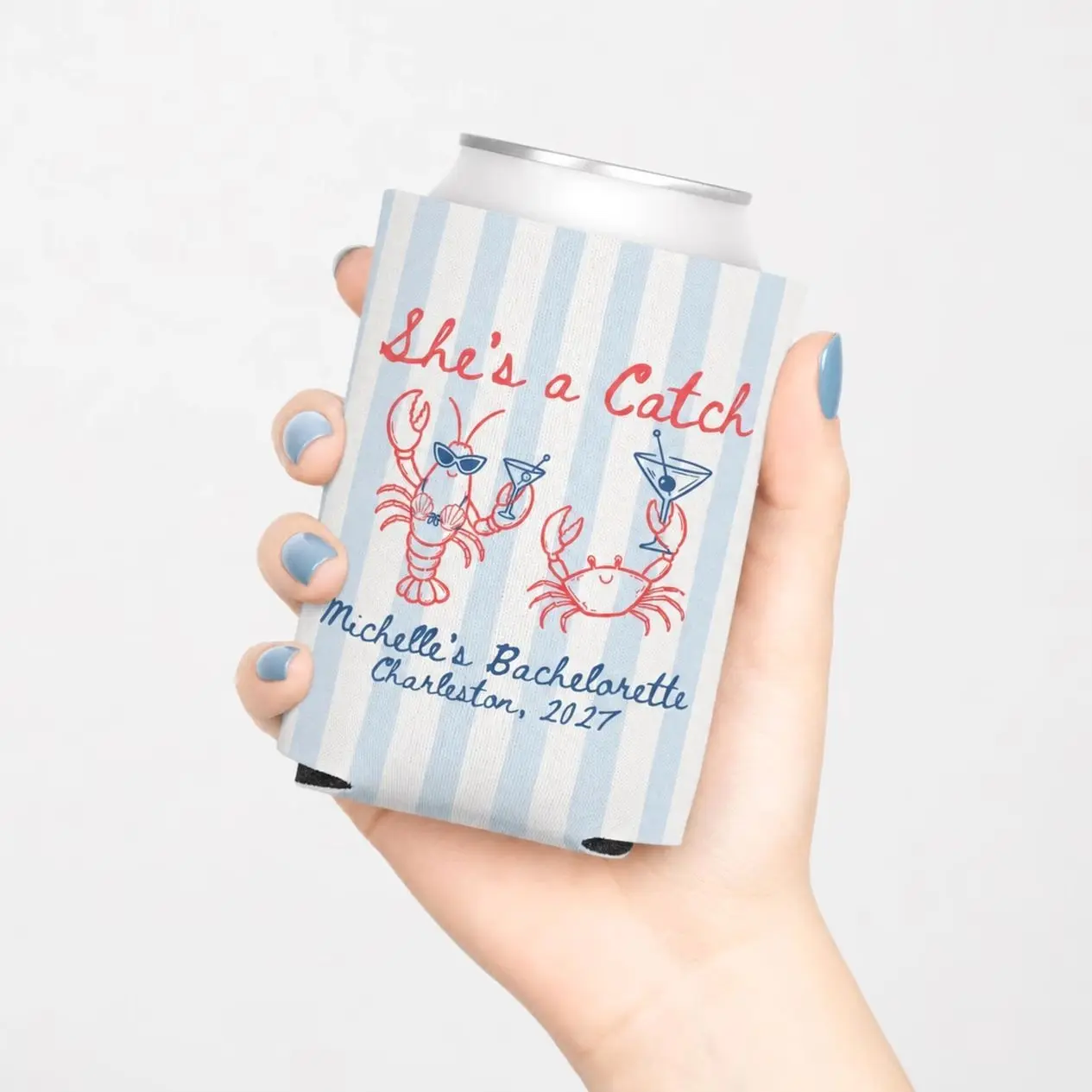 She’s a Catch Coastal Bach Party Favor,Custom Bachelorette Can Cooler,Personalized Lobster Beach Bachelorette Koozie