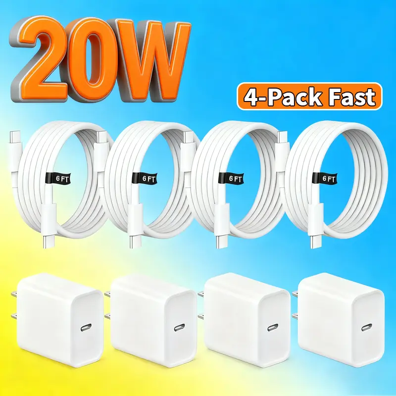 4-Pack 20W Power Type-C Fast Charger Blocks with US Plug Type, Multi-Port 4-in-1 Electronic Charging Devices for Smartphone, Cellphone, iPhone 17/16/15 & Newer Series, Galaxy S24 Ultra