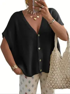 2026 Spring Summer New Women's Loose V Neck Short Sleeve Knit Cardigan, Casual Fashion, Comfortable and Stylish, Perfect for Daily Wear