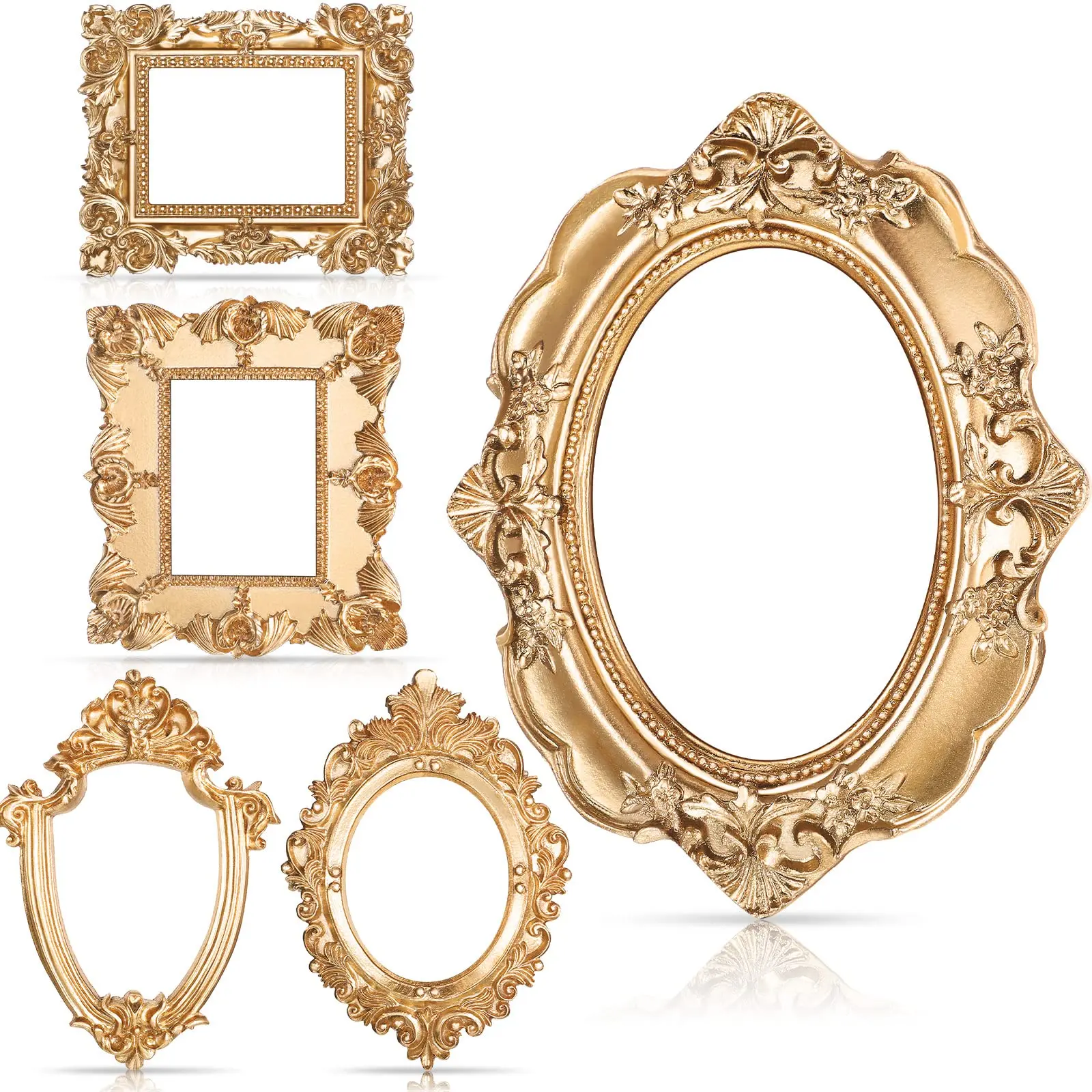 5-Pcs Metallic Gold Vintage Floral Resin Photo Frames Set - 4.92x4 in Compact Sizes Fit Tiny Prints Neatly, Gallery Wall Decor, Nostalgic Photos Display, Room Art, DIY Color Jewelry Prop, Mother’s Gift, 5 Sizes For Walls