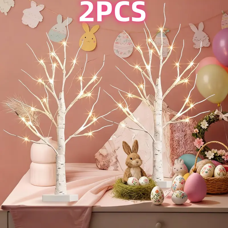 Set of 2 Birch Tree Lights – 24 LEDs, adjustable branches, and realistic birch bark finish; dual power supply (USB or 3x AA batteries, not included). Perfect for dining tables, living rooms, and parties, creating a bright, warm, and inviting atmosphere.