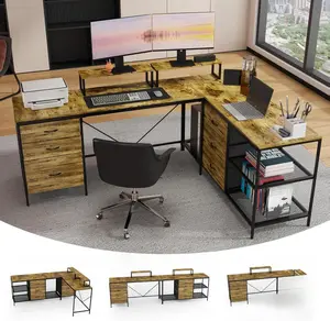 114 Inch L-Shaped Desk with Power Outlets & USB-C, 6 Fabric Drawers, 3 Open Shelves, Movable Monitor Stands, Rustic Brown, Industrial Computer Desk for Gaming