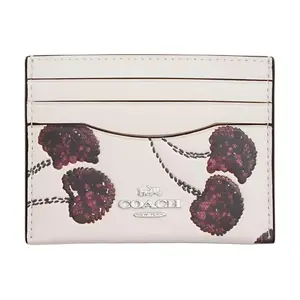 COACH Slim 10 Cherry Print Leather Card Case For Women With Credit Card Slots And Silver-Pink Color