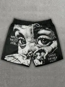 American Street Y2K Retro Vintage Print Shorts, Casual Loose-Fitting A-Type, Drawstring Waist, Trendy Fashionable Summer Streetwear Five-Quarter Pants