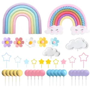 39 pcs Rainbow Cloud Cake Decoration Set - Rainbow, Cloud, Balloon, Star Full Set Plugin, Suitable for novice baking enthusiasts, birthdays, baptismal cakes, birthday parties, rainbow themed parties