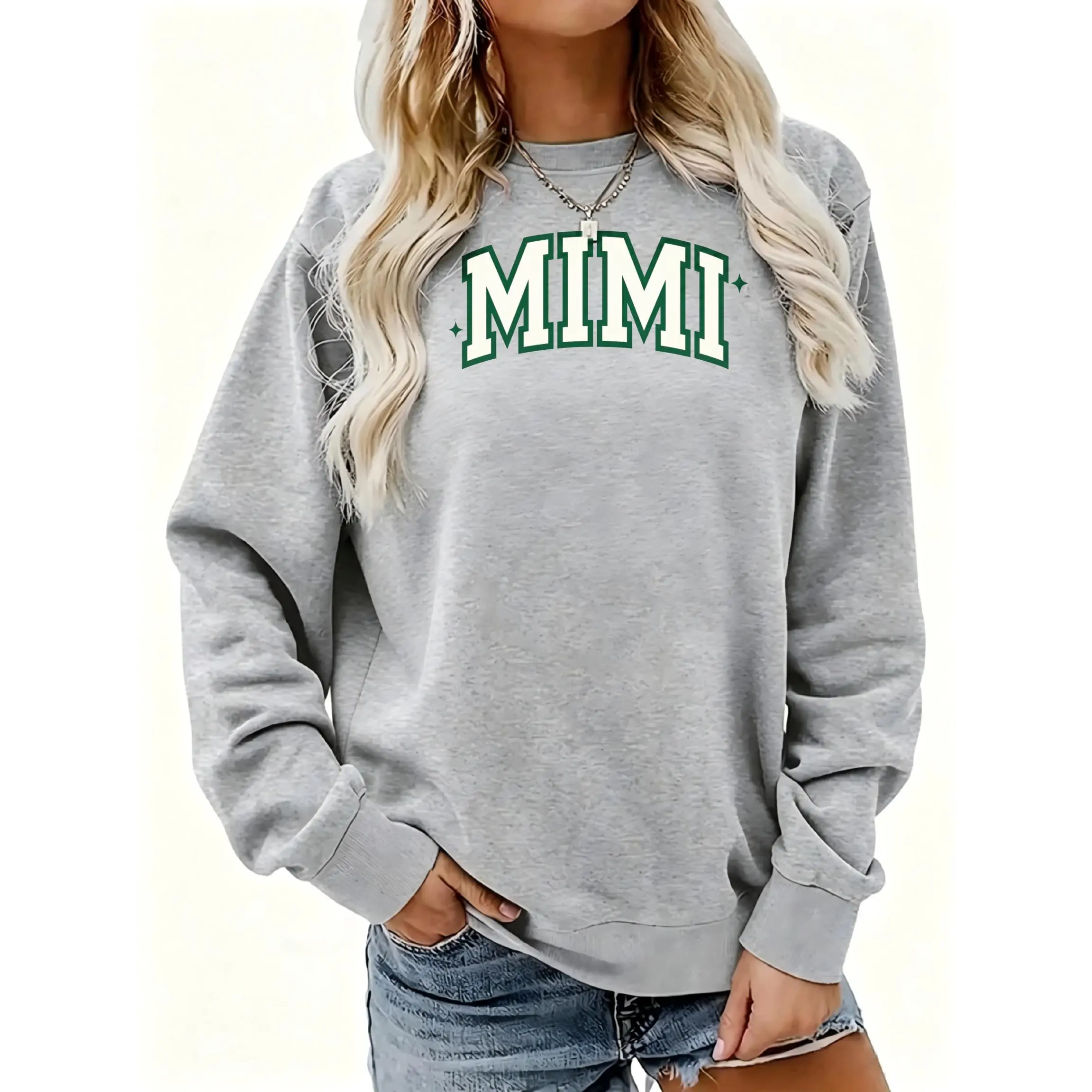 Women's Mimi Green Letter Print Crewneck Sweatshirt | Soft Stretchy Long Sleeve Pullover | Cozy Fall Layering Essential For Casual Daily, Office & Streetwear Looks