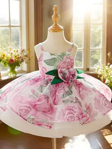 One-year-old baby dress children's clothing girl suspender princess dress children's printed three-dimensional flower dress Floral Print Dress, Rose Print Dress