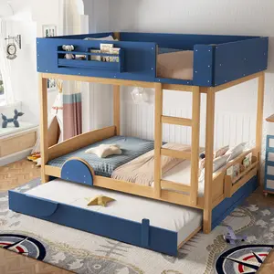 Eyisean Full/Queen Size Wooden Bunk Bed with Trundle, Space-Saving Bed Frame with Built-in Storage Bookshelf & 3-Sleeping Areas, Durable Safety Guardrail Automobile Form Design, Floor Bunk Beds for Bedroom