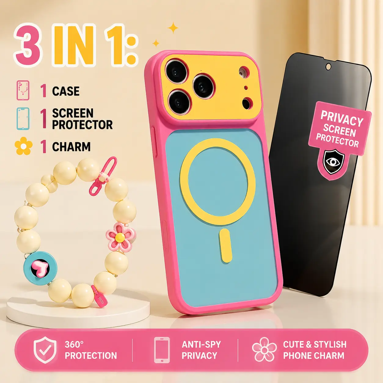 3 IN 1: 1 CASE + 1 PRIVACY SCREEN PROTECTOR +1 charm Dopamine Color Block Slim Phone Case for iPhone 17 16 15 14 13 Pro Max, Matte Hard PC Cover, Magnetic Wireless Charging MagSafe(Not Strong), Lightweight Ultra Slim Fashion Case cute multi-color