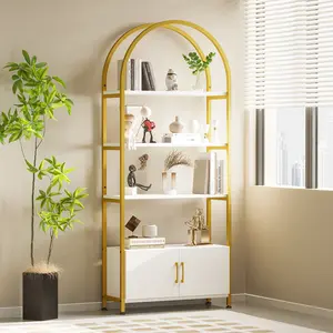 Summervibes Flash sale home items Modern Arched Bookshelf with Doors – 71.5" Tall 4-Tier Freestanding Bookcase with 2 Louvered Doors – Industrial Metal Frame Storage Display Shelf for Home Office, Bedroom, Living Room