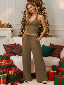 Women's Solid Crop Tank Top & Wide Leg Pants Set, Casual V Neck Sleeveless Top & Trousers for Daily Outdoor Wear, Ladies Sportswear for All Seasons, Solid Sports Sets, Yoga Tracksuit Set