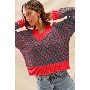 SO ME Color Block Textured Christmas Sweater V Neck Top