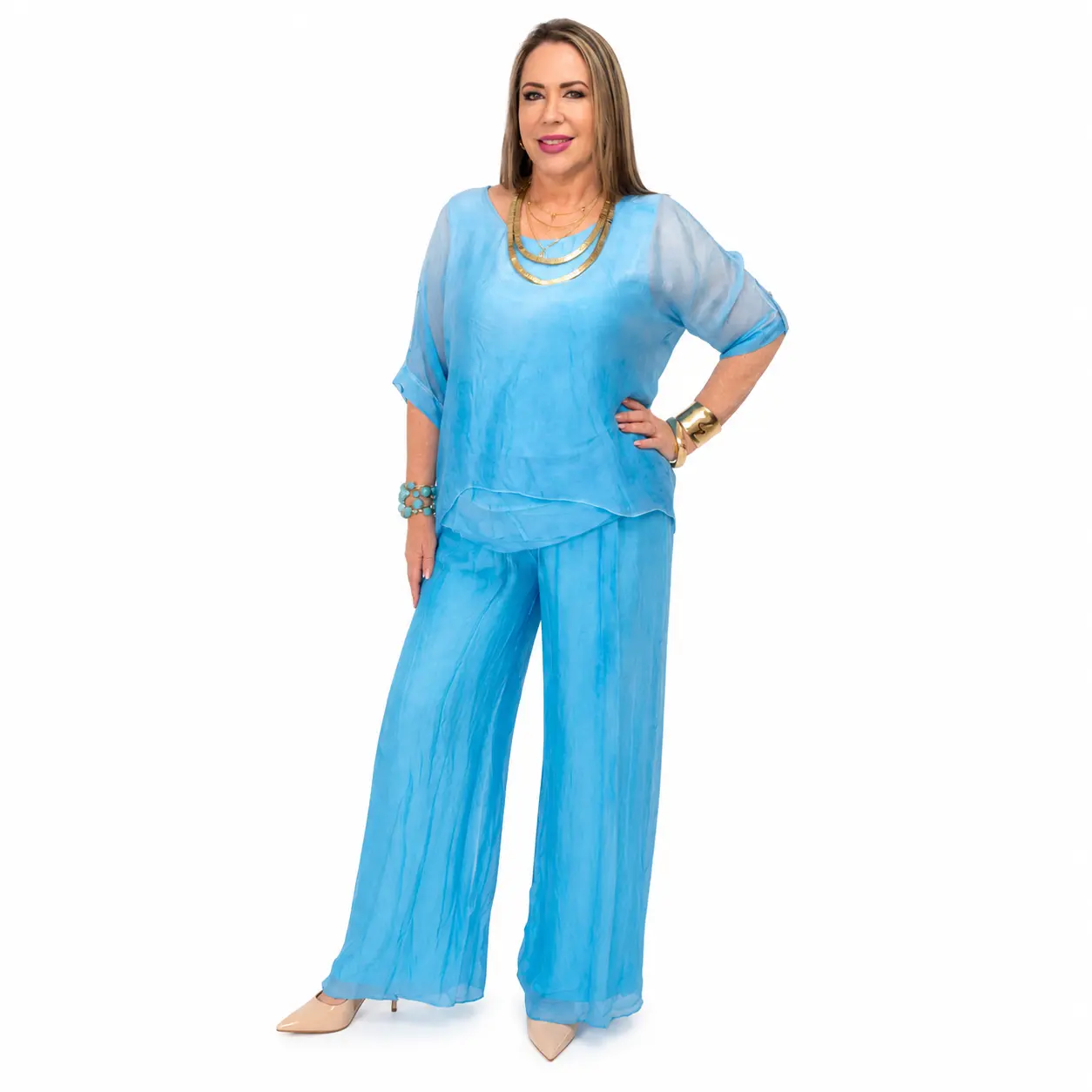 Women's Silk 2-Piece Palazzo Set - Drape Breathable Fabric Asymmetrical Blouse, Comfortable Fit for Casual Daily Outings, Sleeves, Trouser, One Size