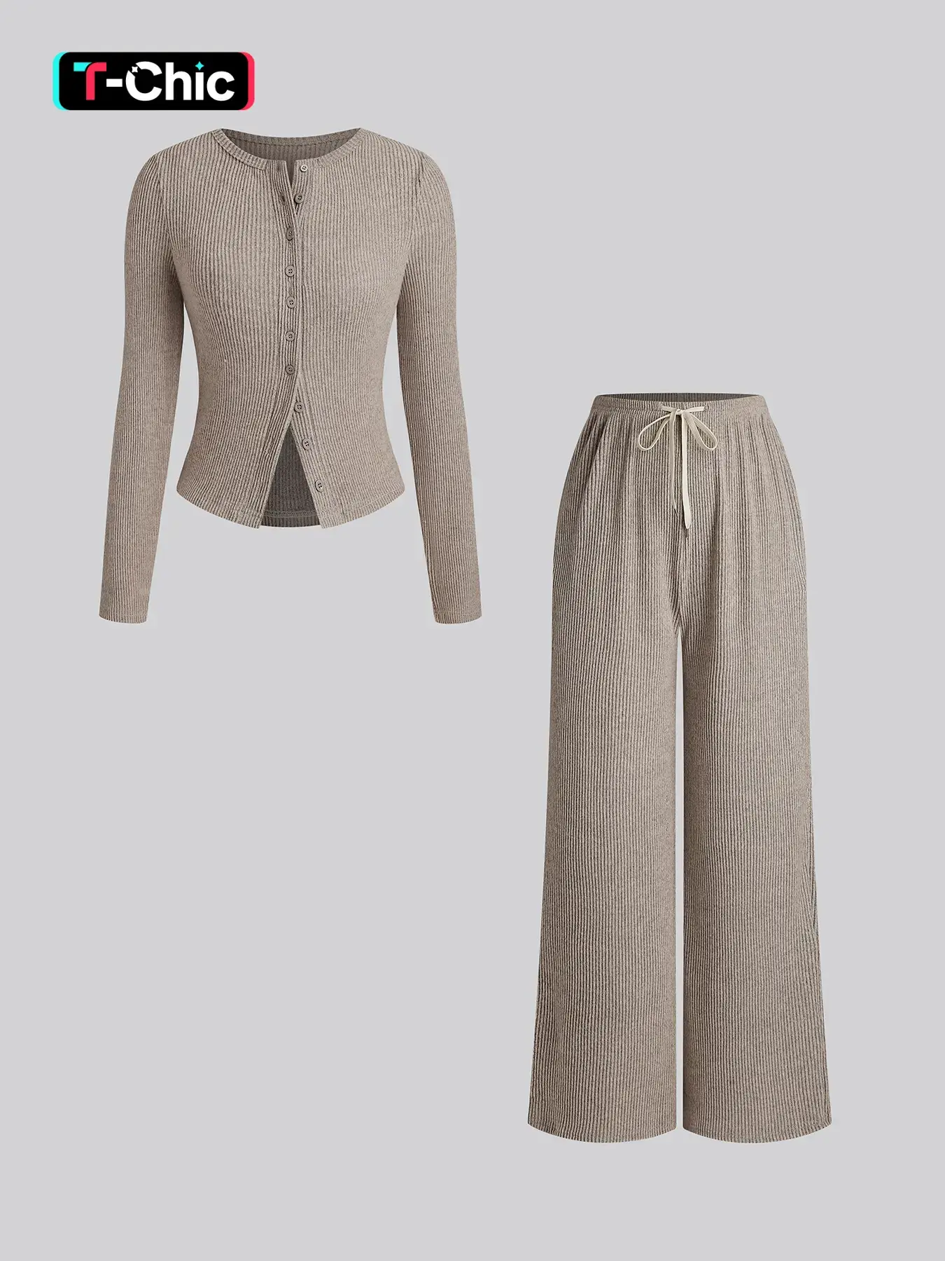 Women's Fall Winter Casual Fitted Slim-Fit Long Sleeve Round Neck Top & Pants Set, Fitted Knit Set for Lady, Plain Pattern Moderate Fabric, Two-Piece Outfit, Casual Style Set, Clothes, Womenswear