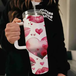 40oz large capacity car water bottles with lid and handle, 304 stainless steel insulated tumbler - Red Lips Kisses, suitable for car, office, travel, Winter Tumbler for Her/His, new year gifts and Valentine gifts