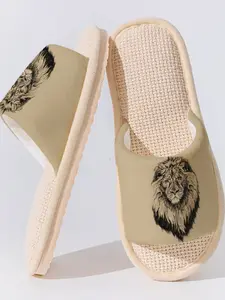 King Lion Totem Linen Slippers, Breathable Anti-Slip Sole, Casual Home Wear, All Seasons, Less Than Ankle Height, Textile Upper Material