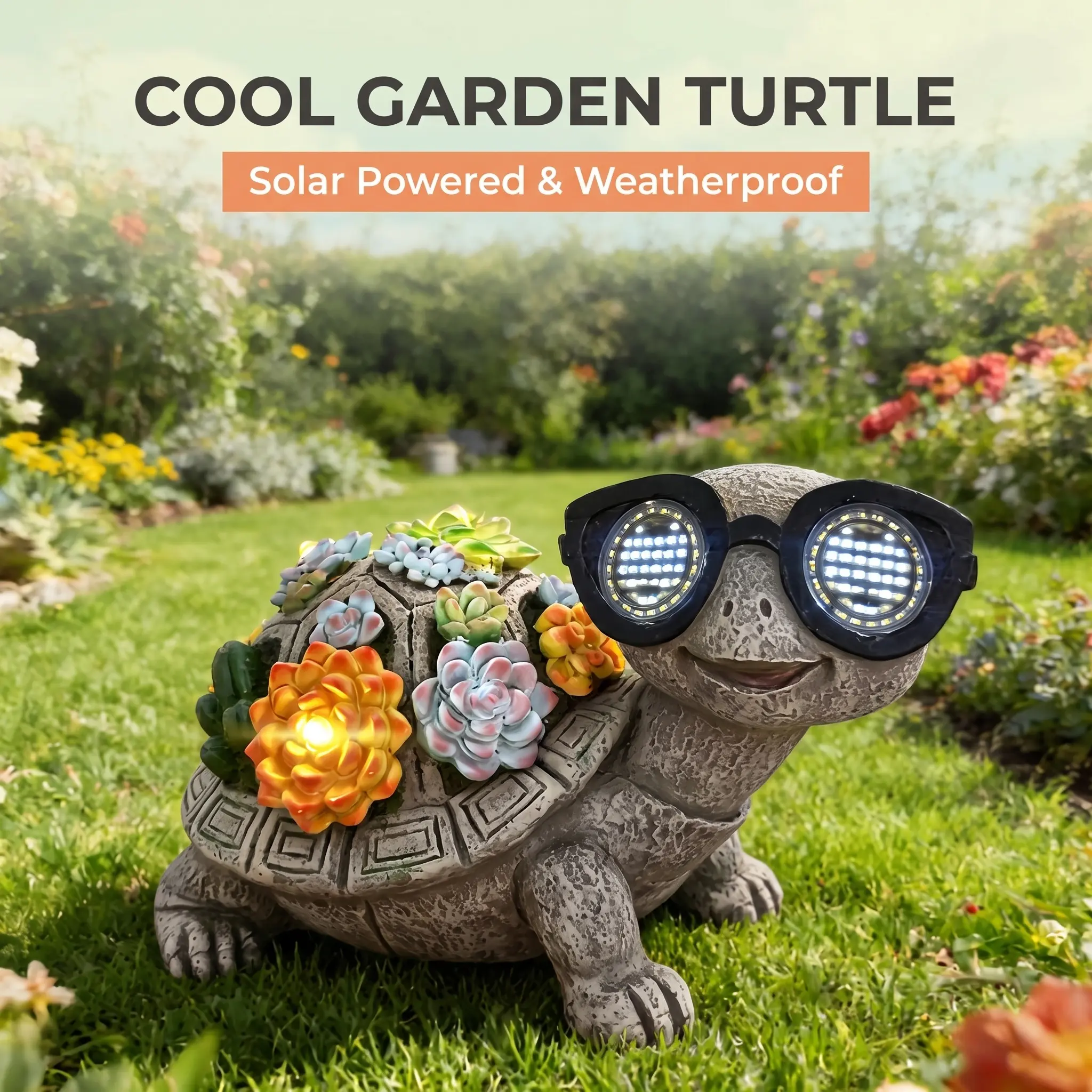 23x15x15cm Waterproof Solar-Powered Turtle Statue, Funny Look Resin Tortoise Figurine with Colorful Succulent LED Solar Outdoor Lights & Sunglasses, Night Light for Lawn Patio, Ideal Gift for Gardening Lovers