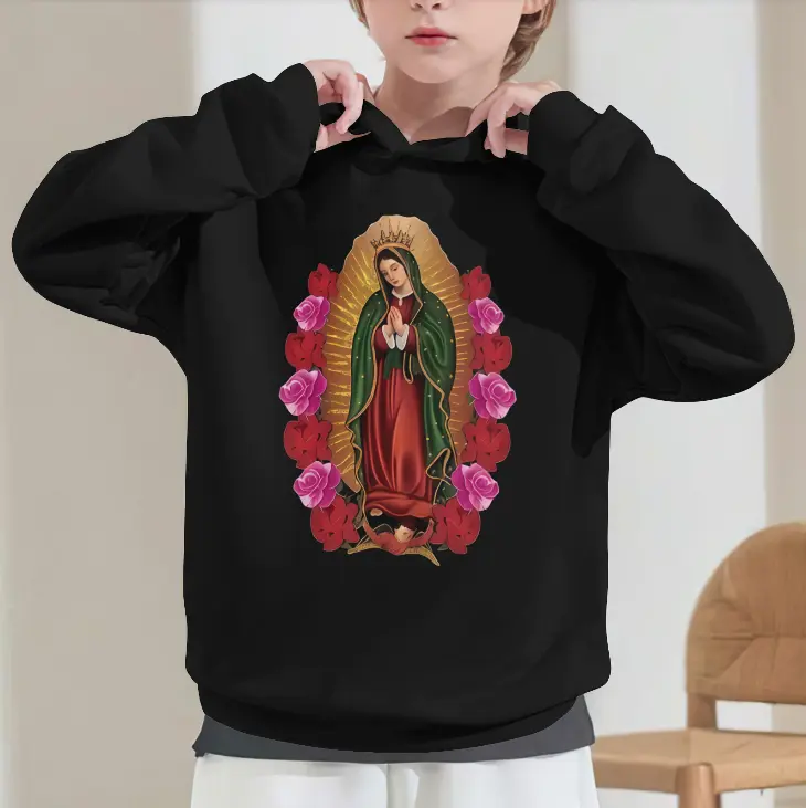 ' Black & Religious Print Hooded Sweatshirt - Catholic Iconography Sweater with Rosary Beads Design, Warm Winter Pullover, Church Events & Casual Attire, Party, Tops