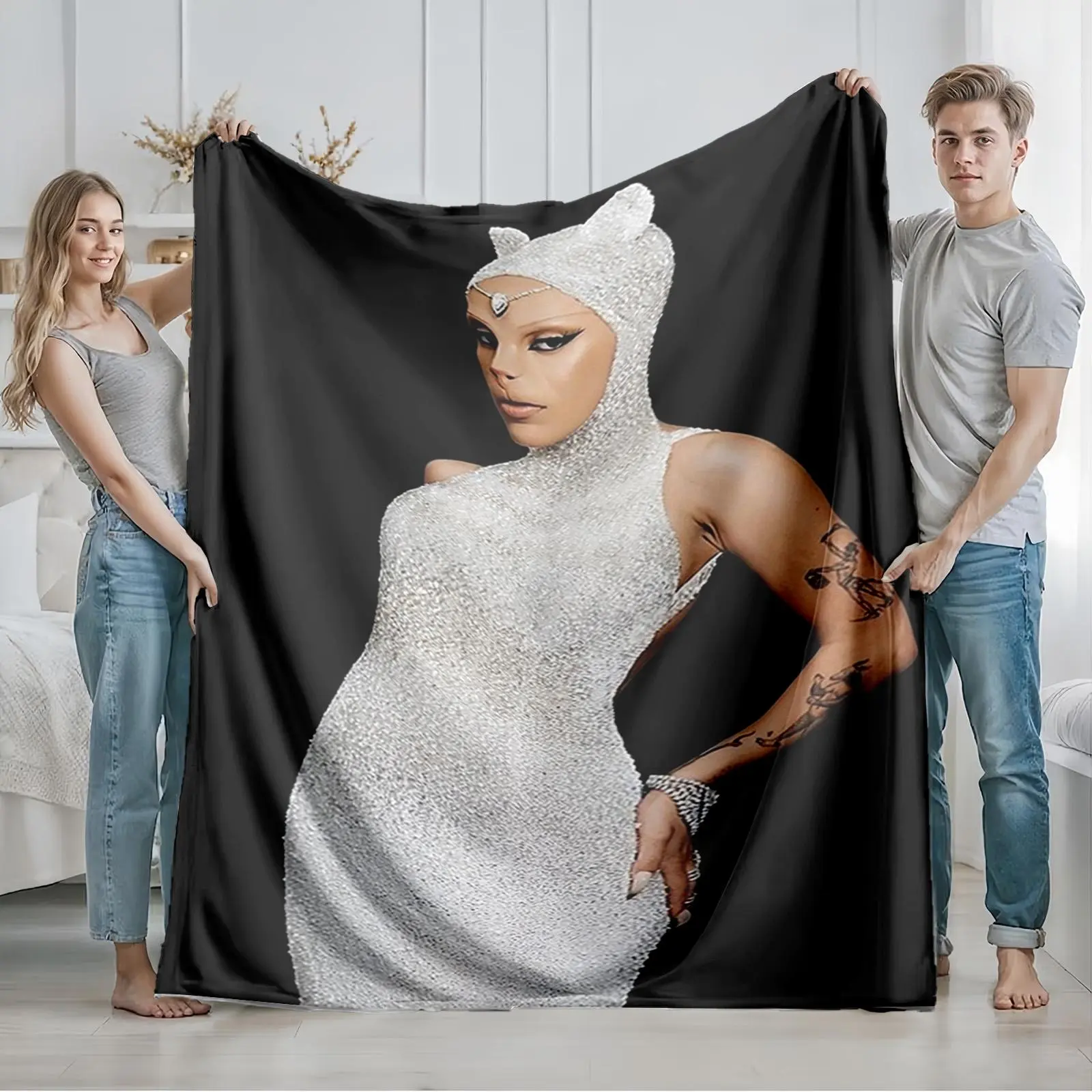 1 piece Silver sequin cat ear dress fashion look themed flannel blanket - Super soft fluffy flannel sofa blanket, suitable for beds and sofas, all-season use, modern geometric pattern design, digital printing, 100% polyester material, machine