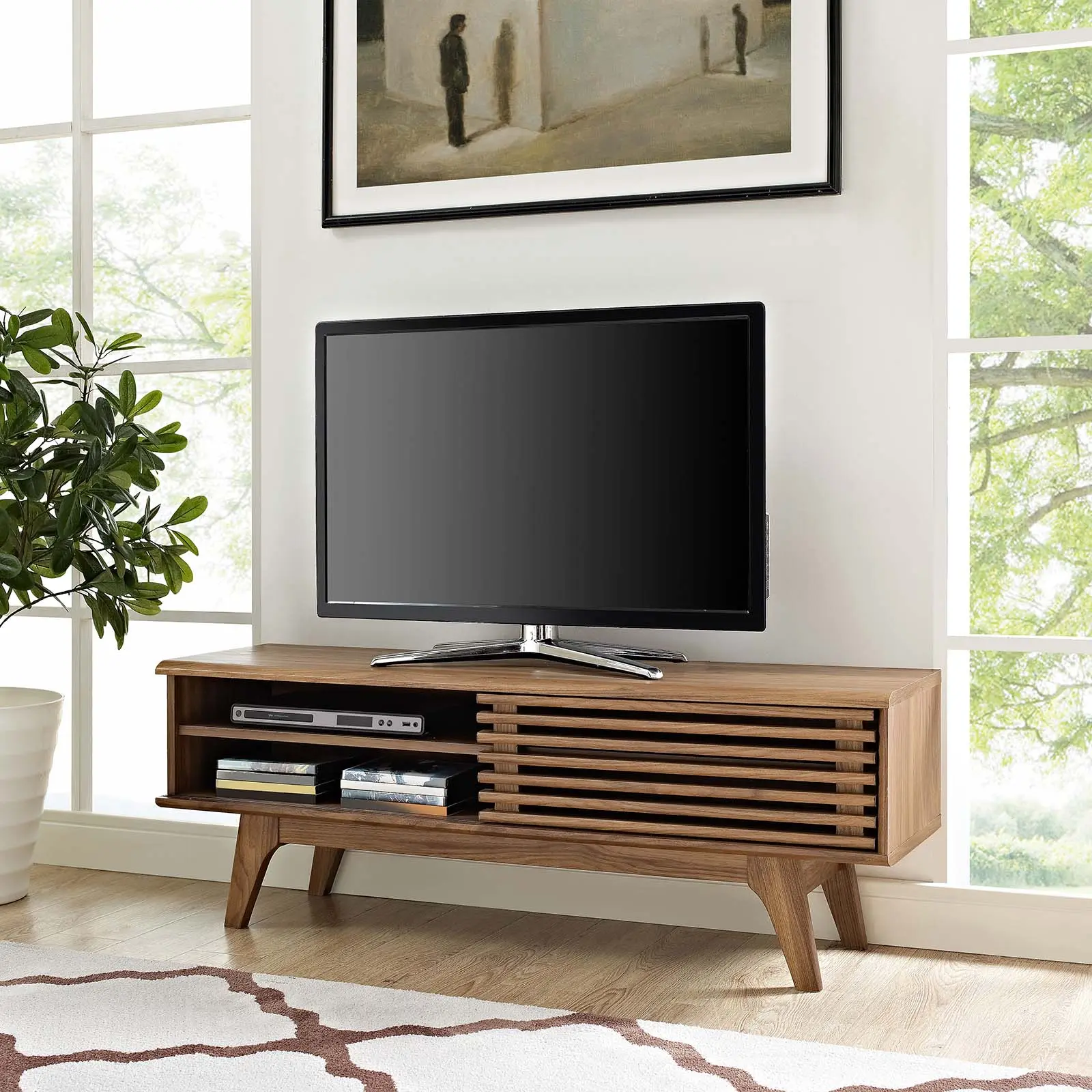 Modway Render 48” TV Stand in Walnut, Tv Console Table, Minimalist Tv Stand