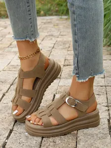Women's Fashion Solid Color Thick Sole Flatform Casual Lightweight Strappy Sandals, Adjustable Platform Shoes, Lightweight Breathable Summer Footwear for Girls