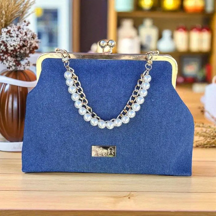 Denim Elegance Kiss-Lovk Clutch – Gold & Pearl Edition by Outfits & Accessories by Mai B! LLC
