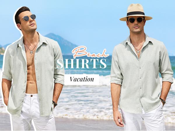 COOFANDY Men's Long Sleeve Button Down Linen Shirt Casual Untucked Chambray Shirt Wrinkle Free Wedding Shirts Collar Menswear Minimalist Outfit Top