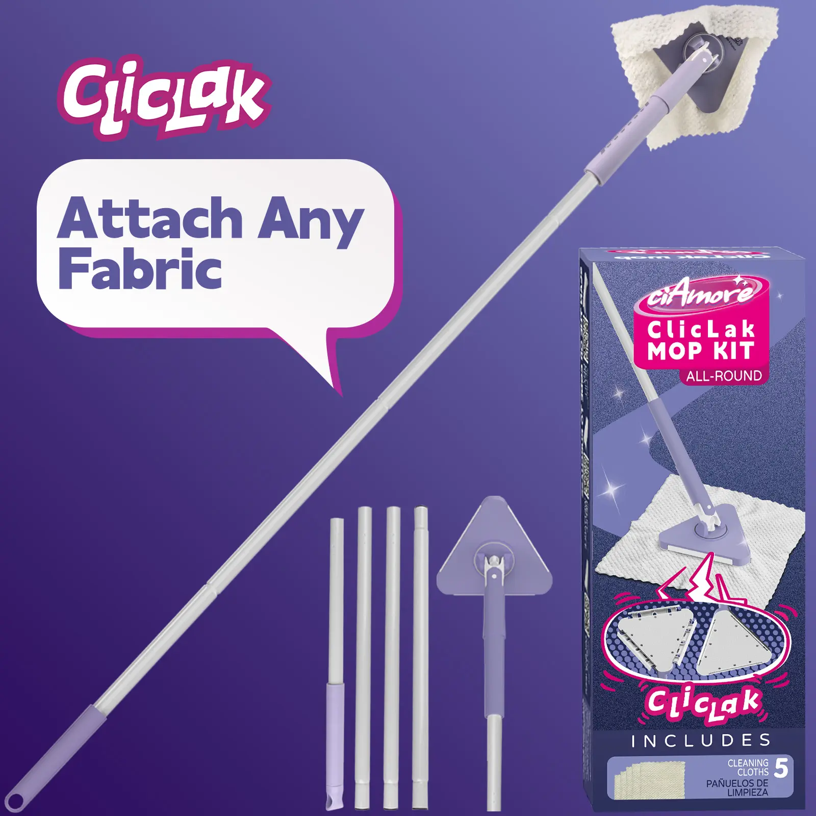 ClicLak Wall Cleaner Mop, Instantly Attach & Remove Cloth Touch-Free, Triangular Clamp Clip Ceiling Cleaning Duster with 67 Inches Handle, 5 Dry Cloths for Walls, Window, Floor, Baseboard