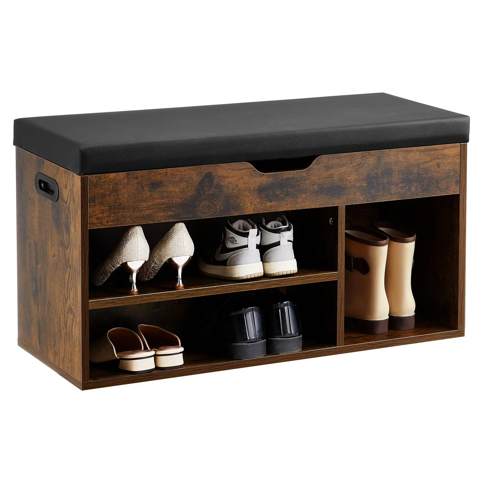 【SummerFinds】VEVOR Entryway Shoe Bench, 31.7 x 12.0 x 17.5 Inch Shoe Storage Organizer with Lift Top Storage Space, 300lbs Bench with Cushion Seat and 3 Cabinets for Hallway, Living Room, Bedroom, Brown + Black
