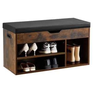 【Summervibes】VEVOR Entryway Shoe Bench, 31.7 x 12.0 x 17.5 Inch Shoe Storage Organizer with Lift Top Storage Space, 300lbs Bench with Cushion Seat and 3 Cabinets for Hallway, Living Room, Bedroom, Brown + Black