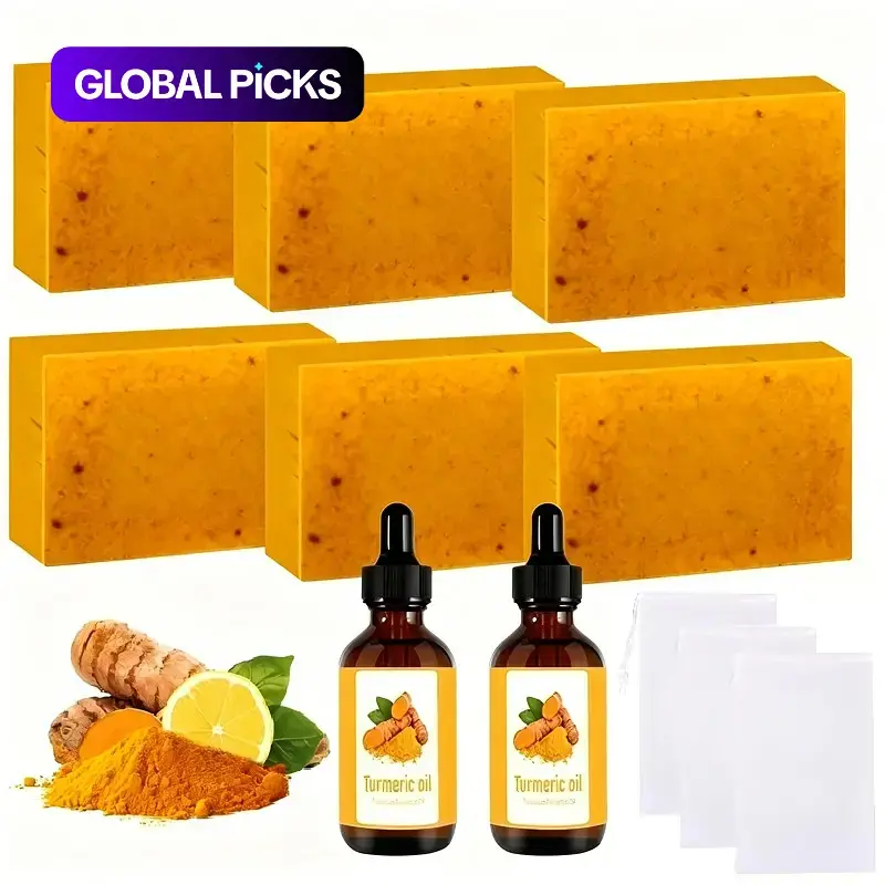 Turmeric Soap & Essential Oil Set, Includes 6 Turmeric Soaps, 2 Essential Oils & 3 Soap Savers, Daily Skincare Set for Men & Women #GLOBAL PICKS