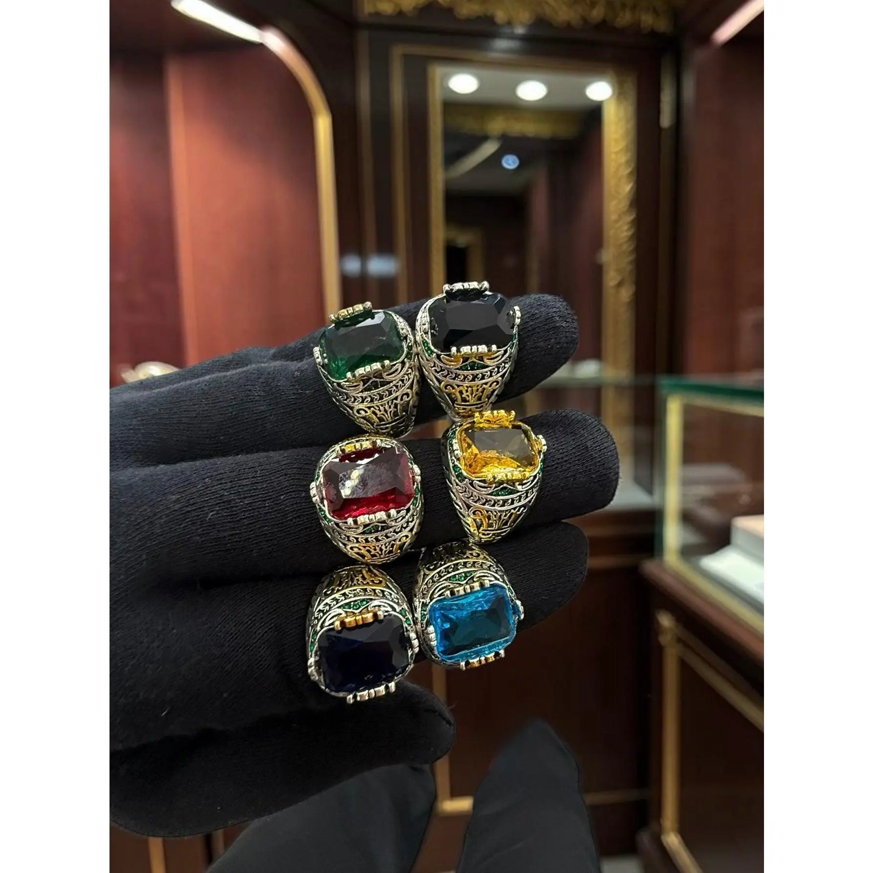 Vintage Turkish Inspired Signet Ring with Cubic Zirconia Stone – Silver Plated Two-Tone Men’s & Unisex Statement Ring – Available in Black, Green, Red, Gold, Navy & Blue