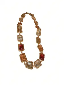 Vintage Multicolor Crystal Statement Necklace Gold Plated Alloy Bold Rectangle Gemstone Choker for Party Evening Holiday Ideal Birthday Christmas Gift Adjustable Comfortable Fit