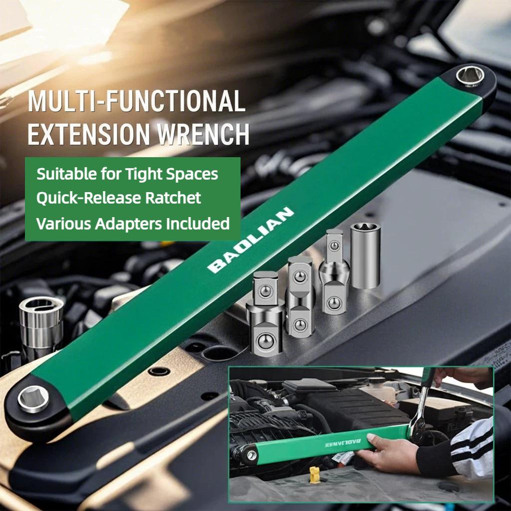 Professional Impact Ready Offset Extension Wrench Set with 4 Drive Adapters (1/4", 3/8", 1/2"), High-Torque Zero-Degree Swing Reach Tool for Automotive Repair, Tight Space Ratchet Extender