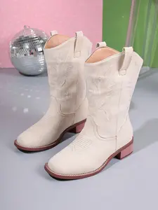 Women's Vintage Embroidered Western Cowboy Cowgirl Boots, Slip-On Square Toe Mid-Calf Ethnic Style, Faux Deer Suede Velvet Fabric