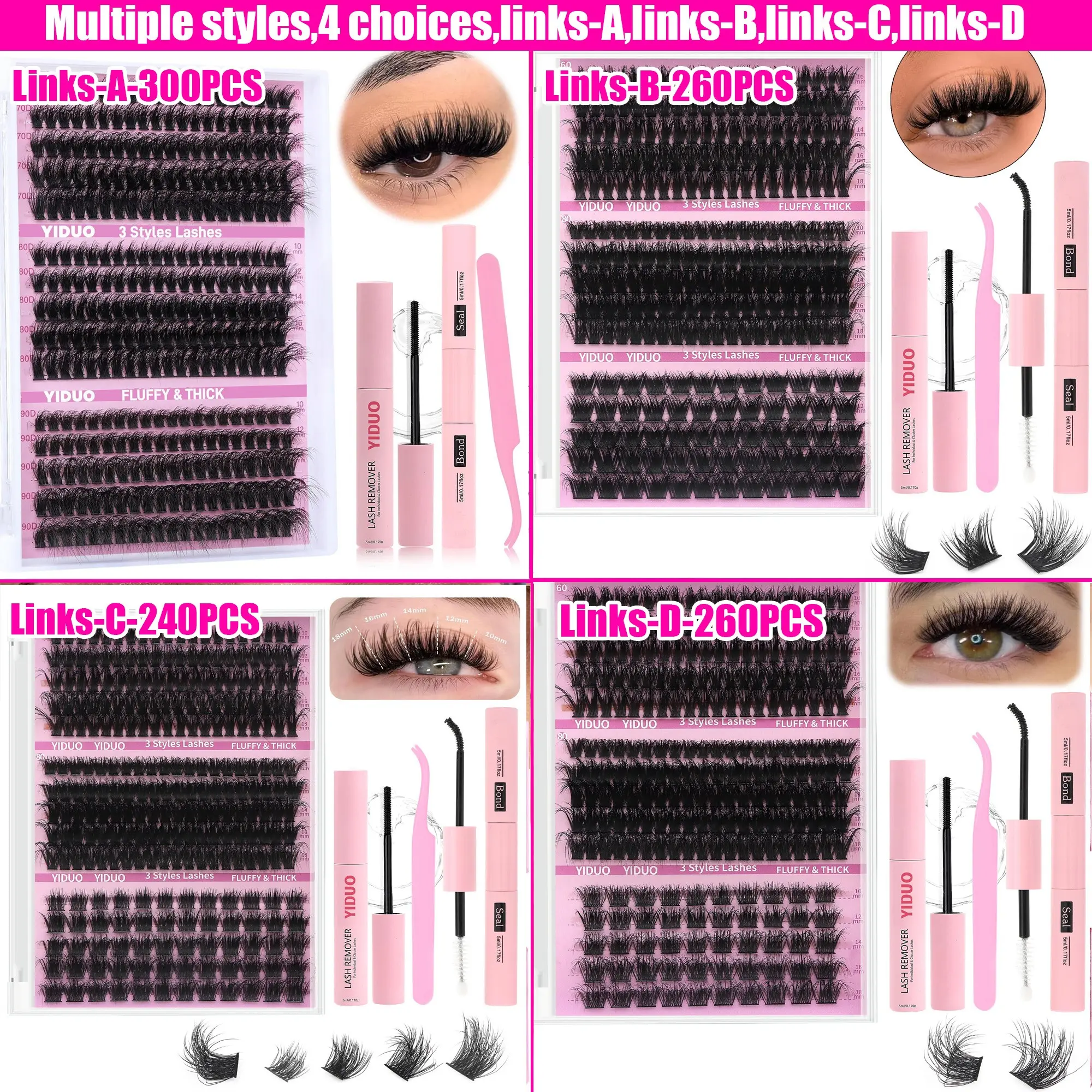 Volume Eyelashes Extension Set, 60D|70D|80D|90D & Thick Volume Lashes Clusters, Individual Lash Extensions Kit, 10-18mm D Curl Lash Extensions Kit with Lash Bond and Seal, Lash Remover, Lash Tweezers, DIY Lash Clusters at Home, Makeup Eyelashes Extension