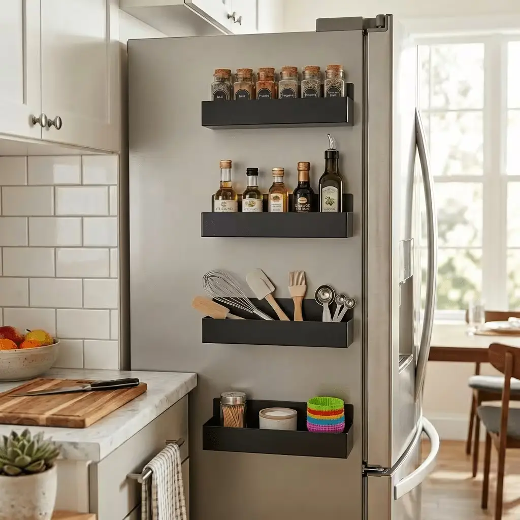 【4-piece magnetic absorption storage rack】Wall-mounted storage rack without drilling - suitable for storage in the side of the refrigerator, in the washing machine, in the cabinet, and in the bathroom for storing skincare products. organizer