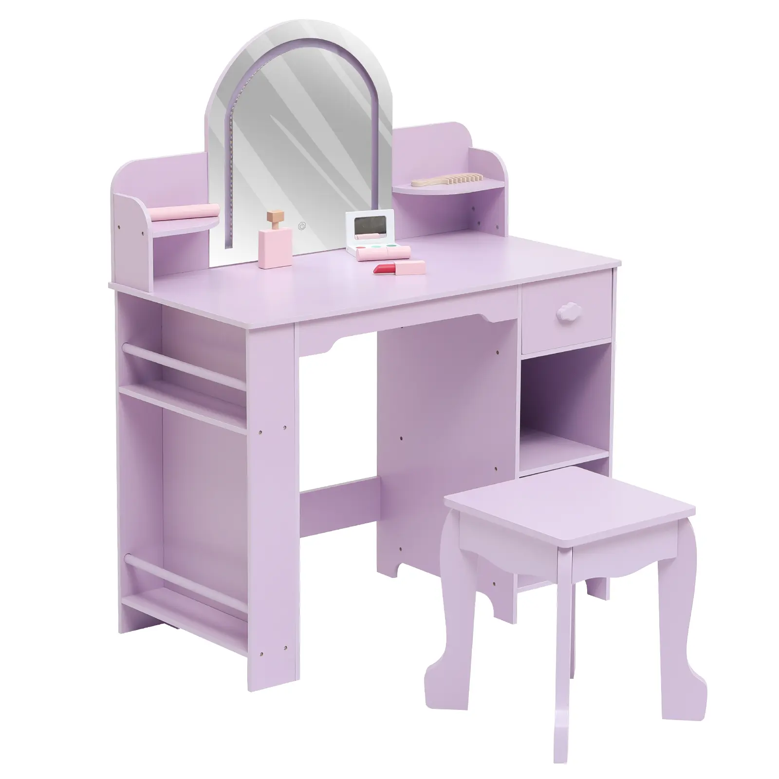 Lighted Mirror Kids Vanity Table & Chair Set – Wooden Princess Makeup Desk with Bookshelf, Storage Drawer, Open Shelves – Perfect for Girls' Bedroom or Playroom