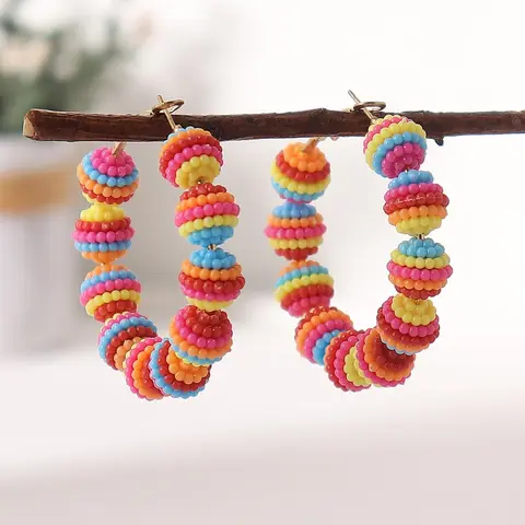 Colorblock Beaded Hoop Earrings, Ear Hoops, Statement Earrings, Fashionable Jewelry for Women, Daily Clothing Decor, Trendy All-match & Exquisite Jewelry for Birthday Gift