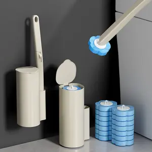 1 set of new wall mounted standing long handle toilet brush set with semi-circular curved plastic immersion clothes hanger. The plastic material is disposable disposable toilet brush, and the brush head can be replaced with antibacterial cleaning solution