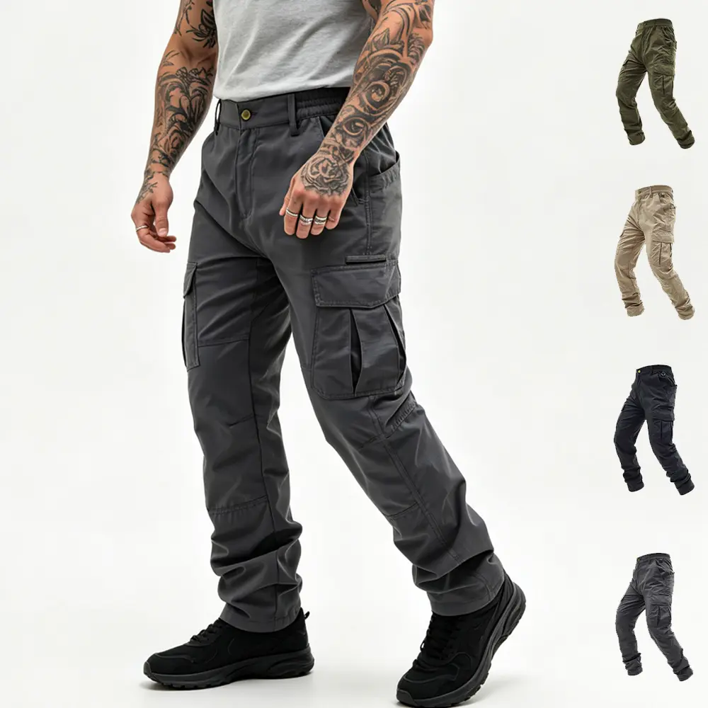 Men’s multifunctional tactical pants with multiple pockets, tear-resistant polyester fabric, elastic waistband—ideal for everyday outdoor activities like fishing, camping, and streetwear; men’s bottoms.