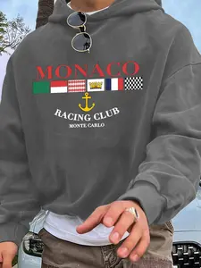 Men's Monaco Racing Club Print Hoodie, Breathable Comfortable Cotton, Casual Fitted Style, Perfect for Sports Enthusiasts