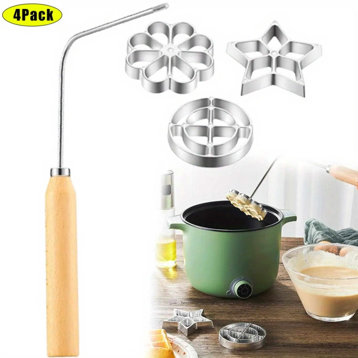 4 Pcs Achappam Mold Bunuelos Mold with Handle Rosette Maker Rosette Cookie Bunuelos Tool Aluminium Cast Waffle Molds Set with 3 Interchangeable Heads Star Flower Circle for Kitchen Baking Cooking Housewares,Summervibes
