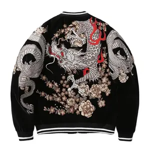 Men's Sukajan Souvenir Jacket, Dragon Embroidered Loose Coats, Hip Hop Streetwear, Red and Black, High Street, Fashion