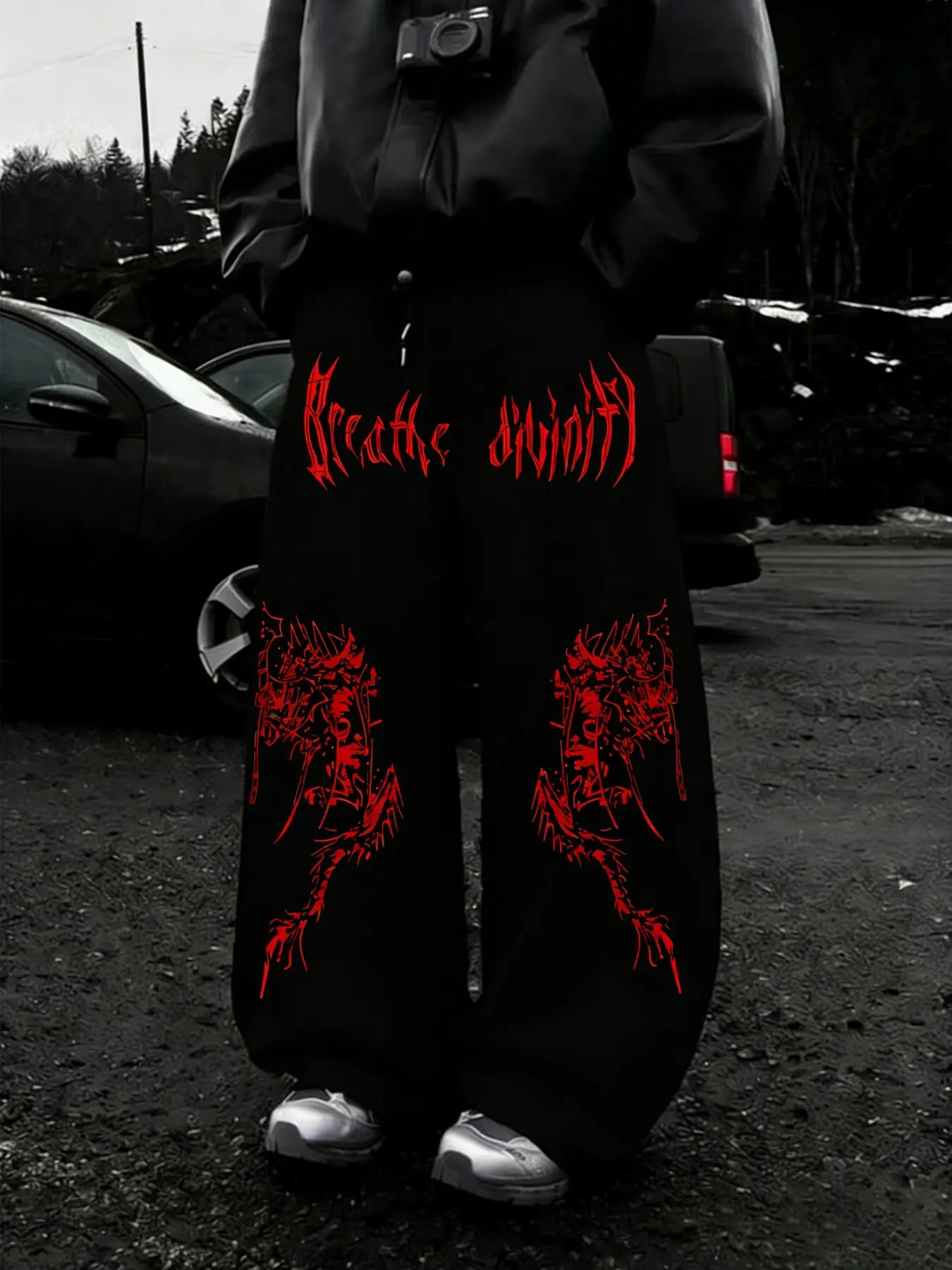Men's Trendy Edgy Dark Aesthetic Devil Graphic Print Sweatpants, Main Color with Gothic Art Graphic Details, Loose Wide Leg, Street Style Bottoms, Unique Look, Streetwear Appeal