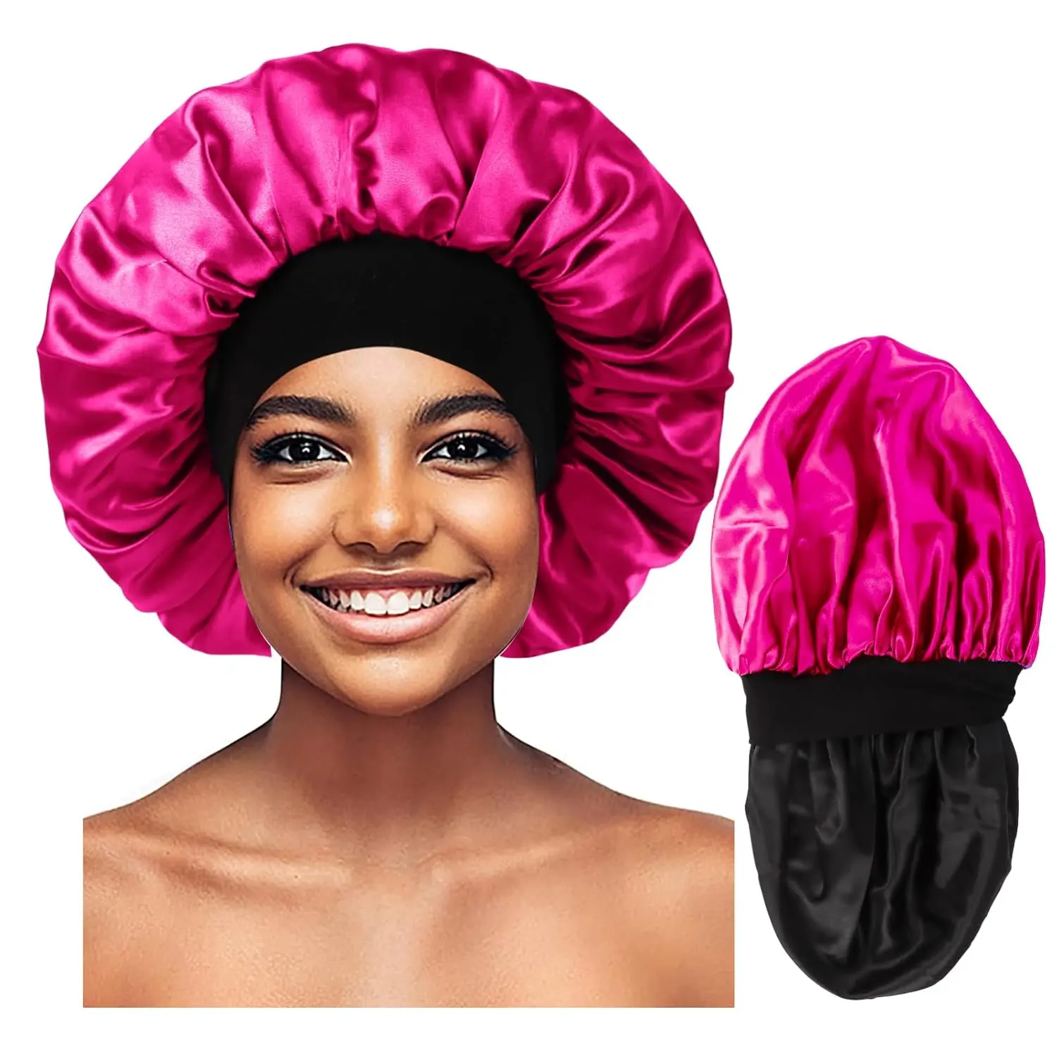 Bonnet for Men,Hair Bonnet for Sleeping,Double Layer Satin Bonnets for Black Women Curly Hair Braids,Reversible Sleep Cap (Large,Black/Hot Pink)
