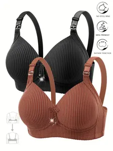 Esselegance 2pcs Push-Up Jacquard Striped Bra, Adjustable Support Straps, Wire-Free, Daily Comfort, Women's Lingerie & Underwear, Everyday Wear