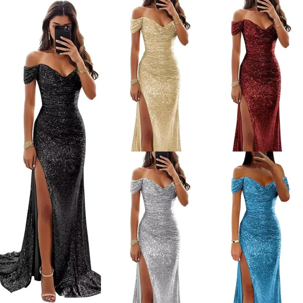 Off-the-shoulder strapless dress with a large slit, sexy, fashionable, vintage, elegant sequin evening gown