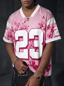 Men's Pink Cherry Blossom 23 Football Jersey | Lightweight Breathable Polyester, Mesh Texture, Sakura Floral Print, Number 23 Graphic, Contrast White V-Neck & Cuffs, Oversized Streetwear Tee, Ideal for Daily Wear, Hip Hop Style & Athletic Looks