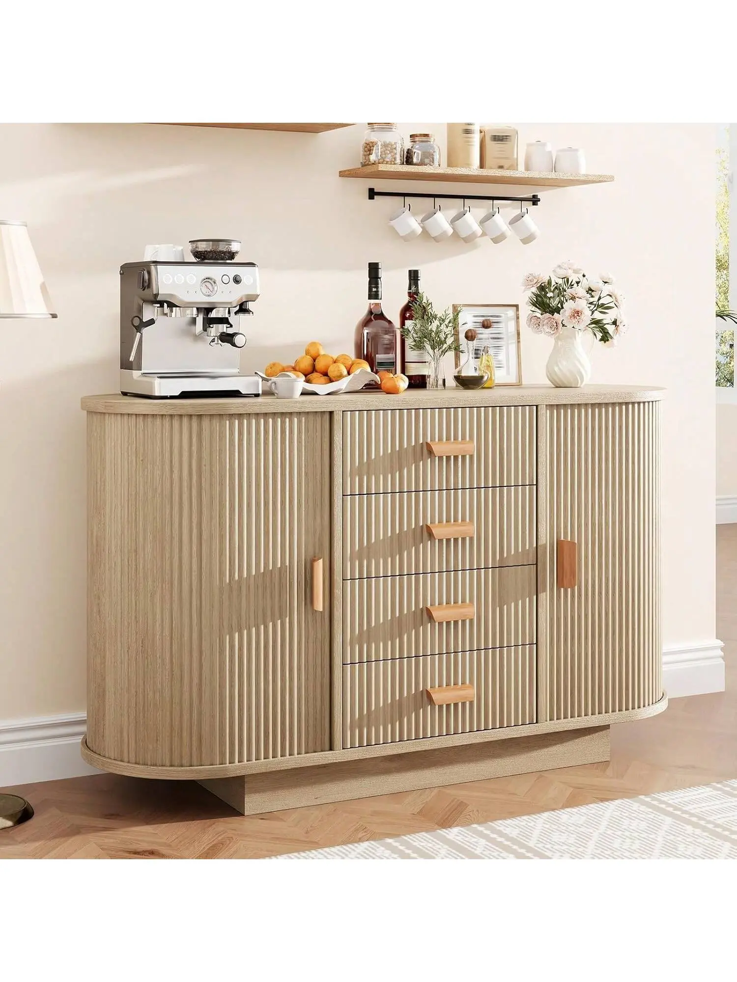 47-in Sturdy Mid Century Modern Natural Oak Wood Grain Sideboard Buffet Cabinet - Scratch-Proof Coffee Bar Station with Fluted Design, Deep Drawers, Handmade Handles, Reinforced Frame, 2 Arched Sliding Doors for Kitchen, Living Room Storage